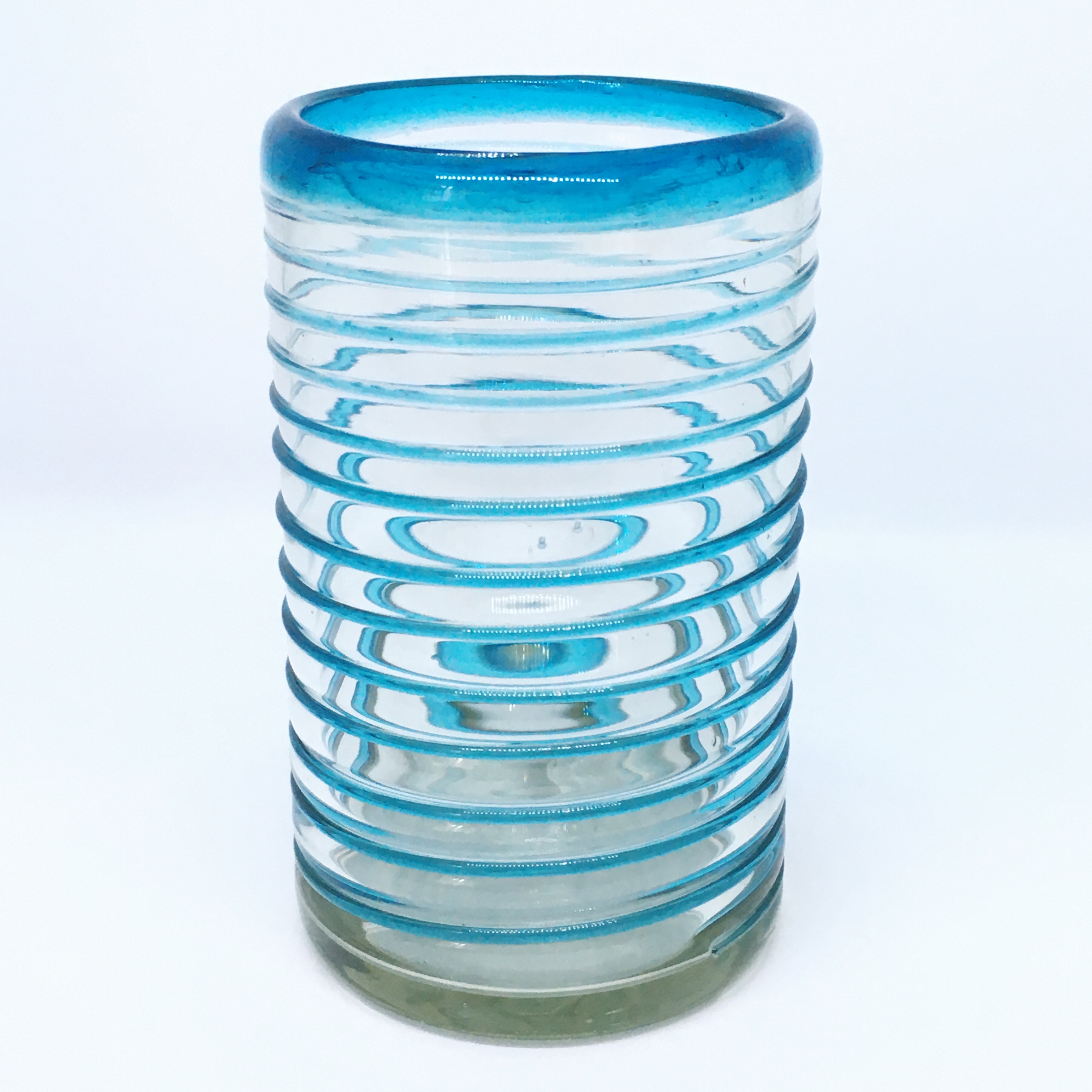 MEXICAN GLASSWARE / Aqua Blue Spiral 14 oz Drinking Glasses (set of 6)